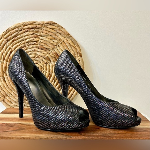 Stuart Weitzman Evabaton Perp Toe Platform Evening Pumps Iris Glitter Size 8.5